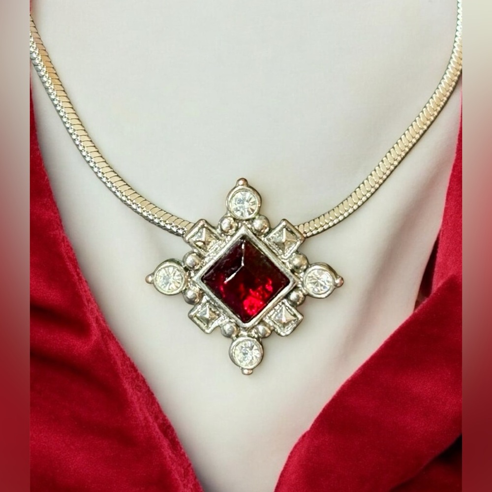 Vintage Silver and Red Pendant Necklace